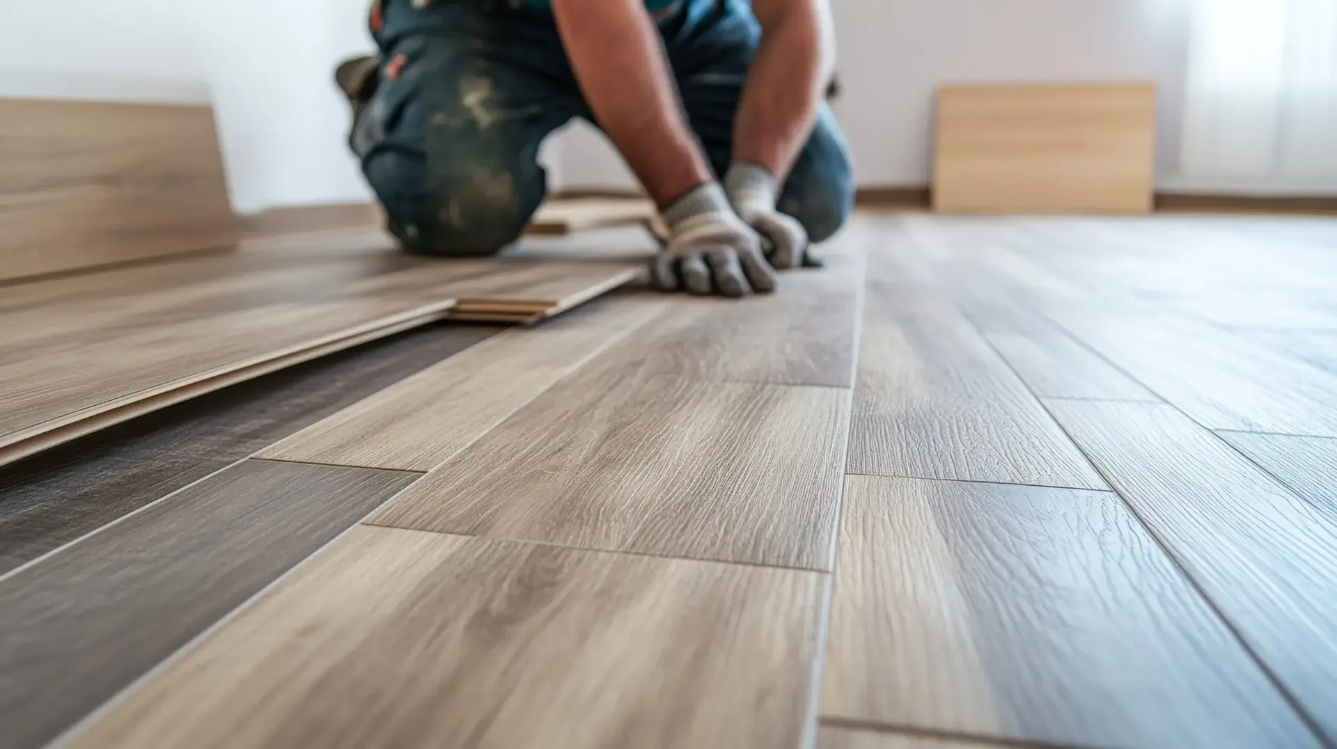 Hands fitting a plank of luxury vinyl flooring into place