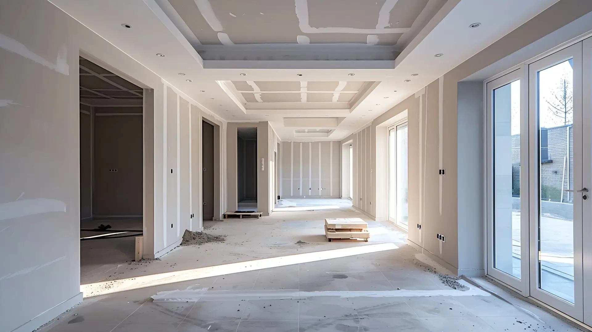 The interior of a house under construction, framed and drywalled with a coffered ceiling and unfinished floors