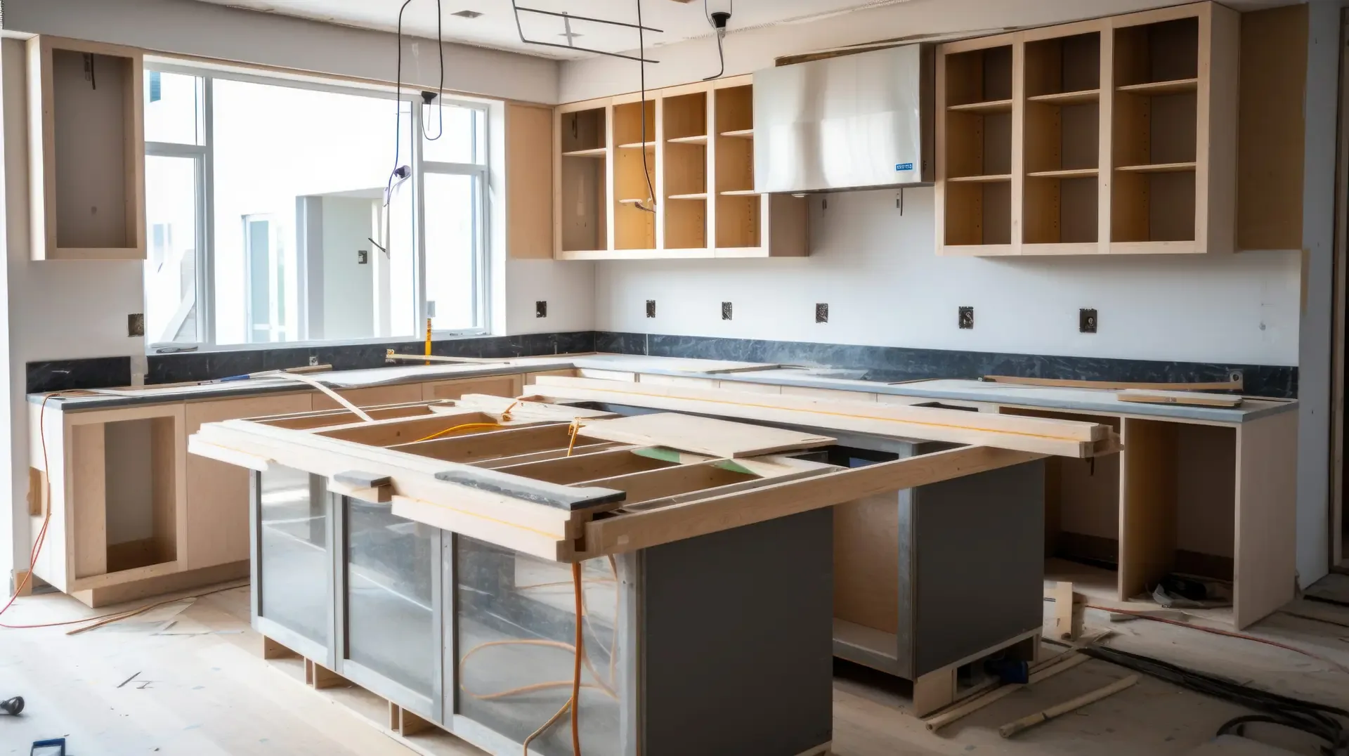 A kitchen part-way through installation, with cabinets set and the island still being framed