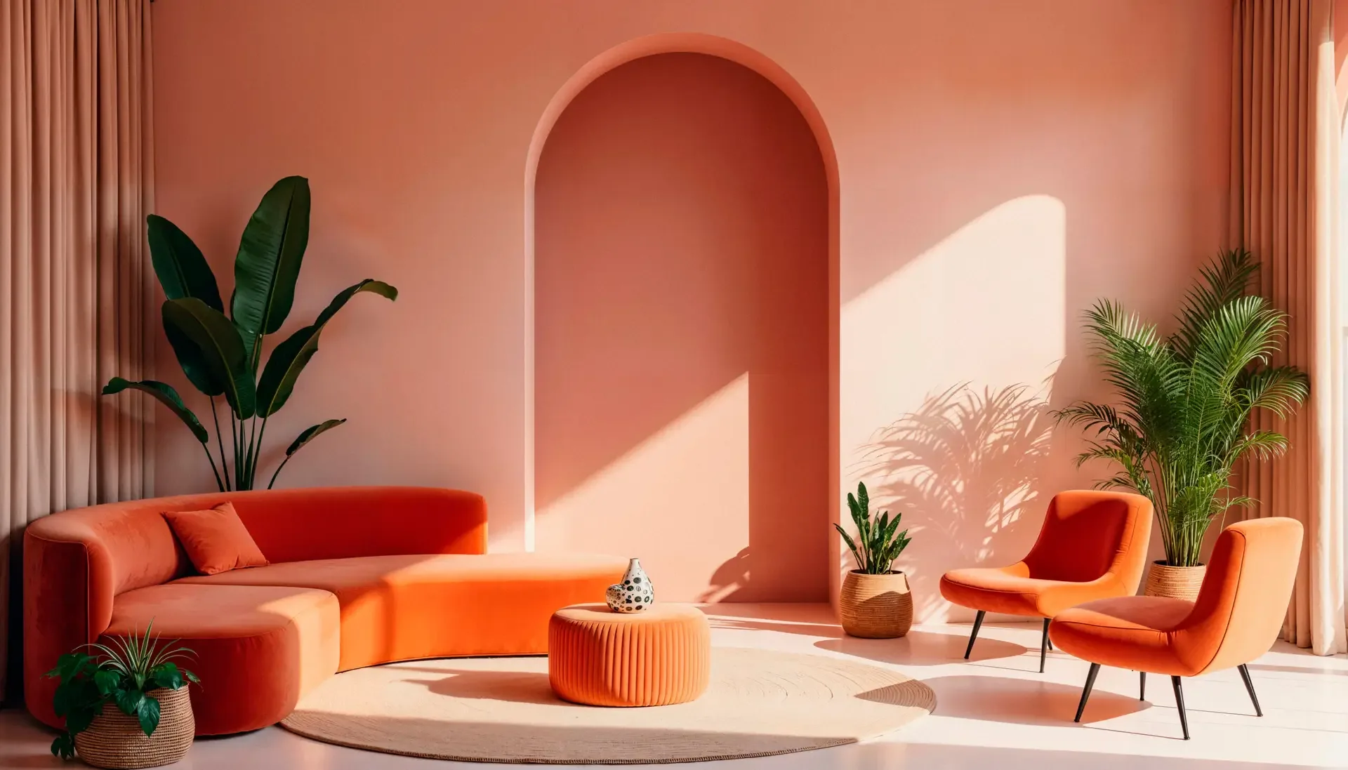 A styled living room with curved seating, an arched alcove and potted plants
