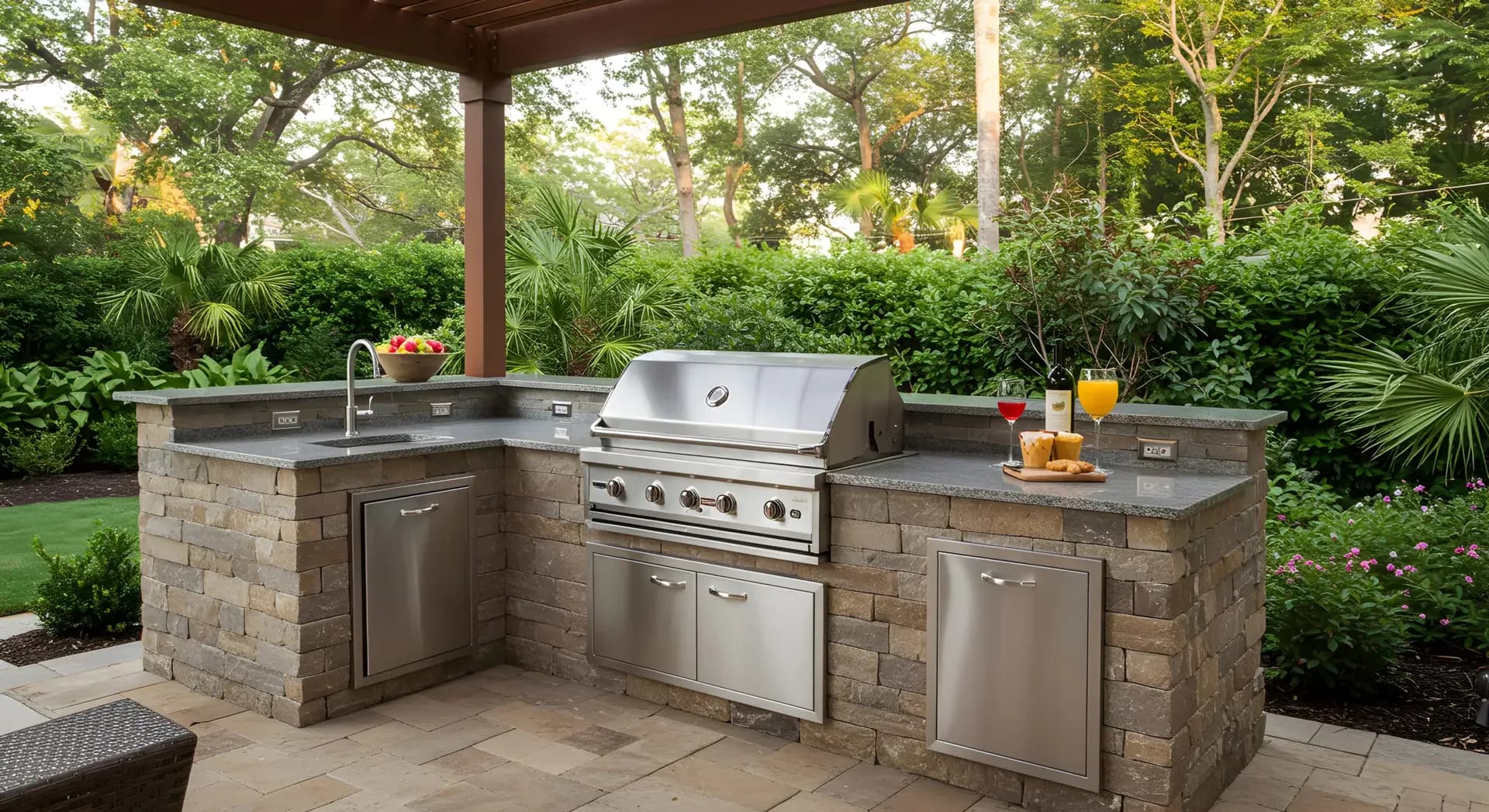 A built-in outdoor kitchen with a stainless grill and stone surround under a covered structure