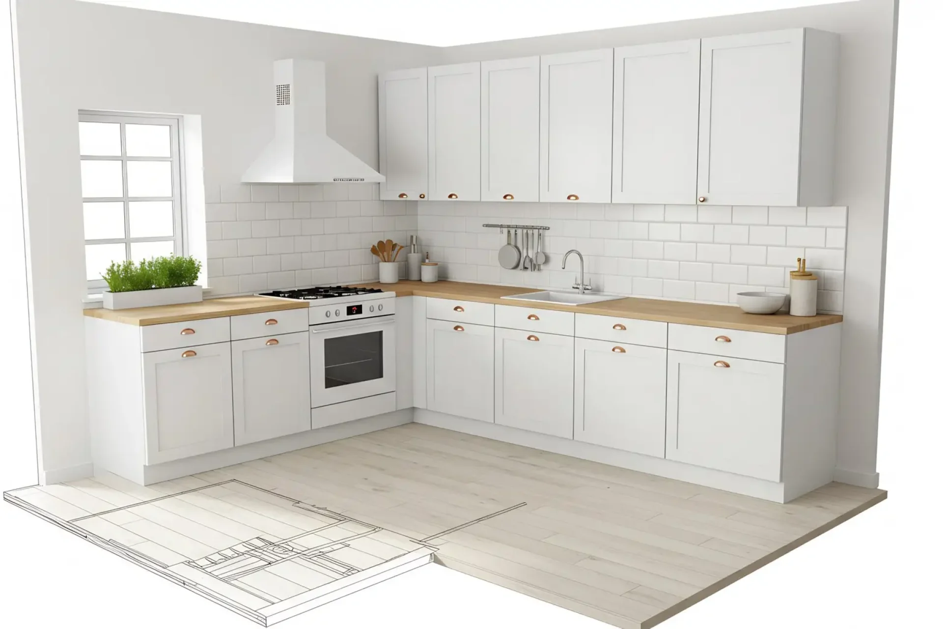 Custom white L-shaped kitchen with subway tile backsplash and wood countertops by GIL Renovation Services in North Florida.