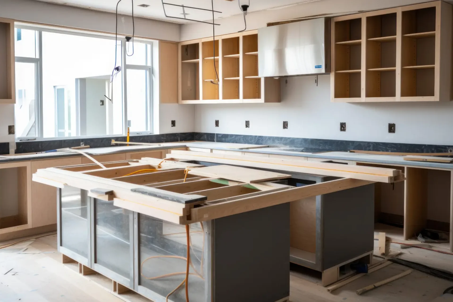 In-progress kitchen remodel with custom cabinetry and island framework by GIL Renovation Services in Jacksonville, FL.